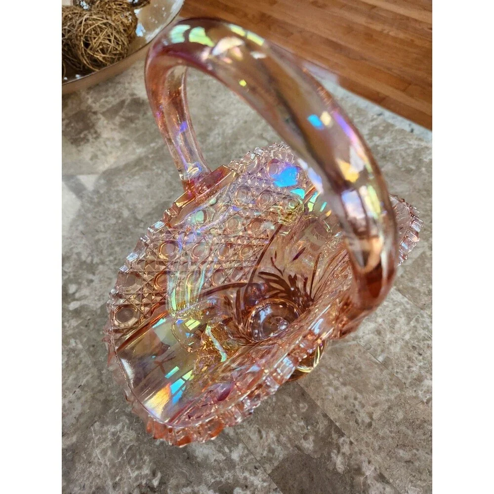 Vintage L.E.Smith Carnival Glass Pink Bride's Basket Vase, 12" - Picture 3 of 7